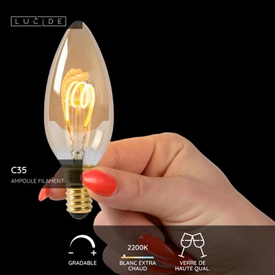 Lucide C35 - Ampoule filament - Ø 3,5 cm - LED Dim. - E14 - 1x3W 2200K - Ambre